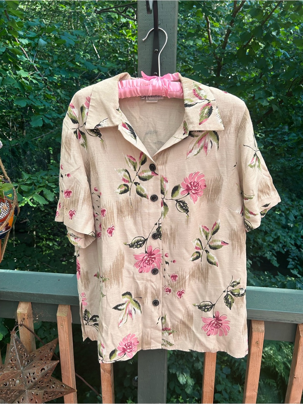 dressbarn Beige Short-Sleeve Button-Up Shirt with Pink Floral Print